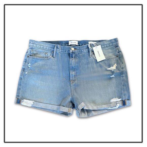 NWT Frame Denim Le Beau Distressed Cuffed Hem Jean Shorts in Elsey Rips - Picture 6 of 16